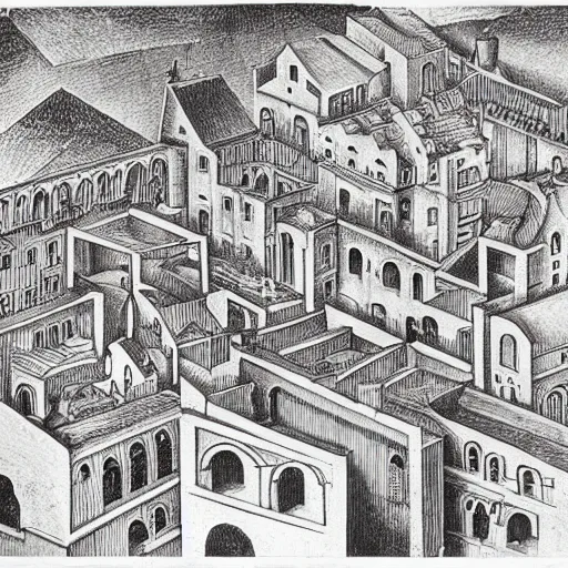 Image similar to MC Escher drawing of a medieval city