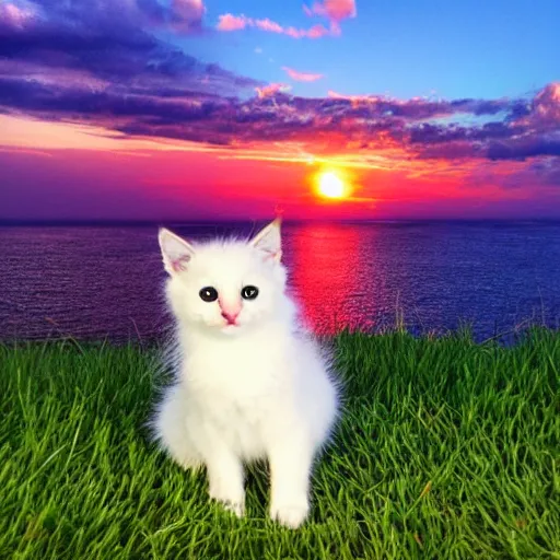 Prompt: cute fluffy [[[[multi-colored]]]] kitten outside in the front yard grass at sunset on a beautiful summer day, ocean in the distance, highly detailed