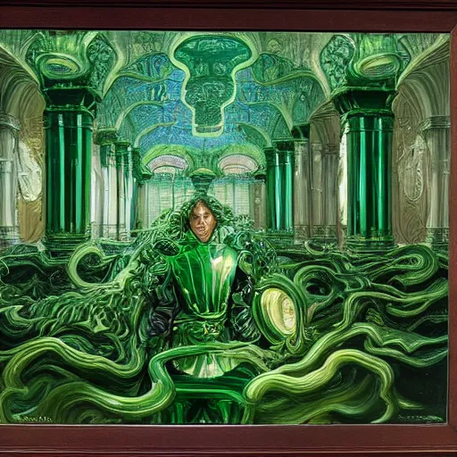 Image similar to an oil painting by michael whelan and donato giancola of a palace made of green, polished, swirling malachite and jade