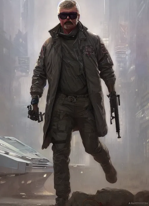 Prompt: Modern Teddy Roosevelt. Cyberpunk merc in tactical gear. plastic raincoat. blade runner 2049 concept painting. Epic painting by James Gurney, Azamat Khairov, and Alphonso Mucha. ArtstationHQ. painting with Vivid color. (rb6s, Cyberpunk 2077)