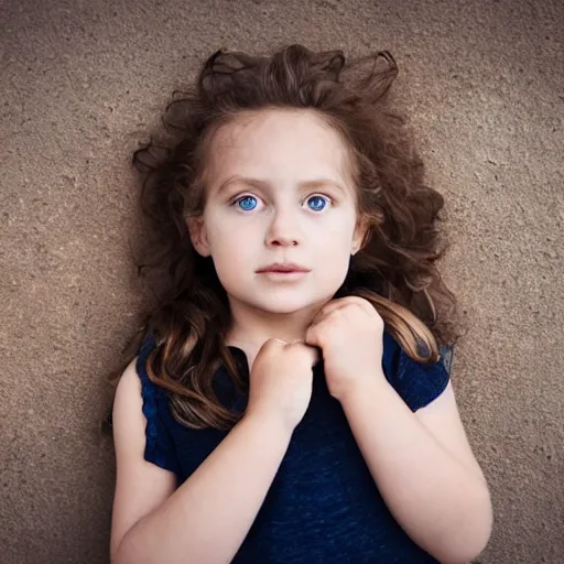 Prompt: a portrait of a 2 year old woman, long wavey hair, there is a lot of trust in her look, beautiful eyes, she has the face of her mother, ambient light
