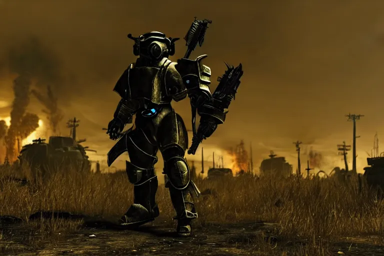 Image similar to a fursona ( from the furry fandom ), heavily armed and armored facing down armageddon in a dark and gritty version from the makers of fallout : war never changes