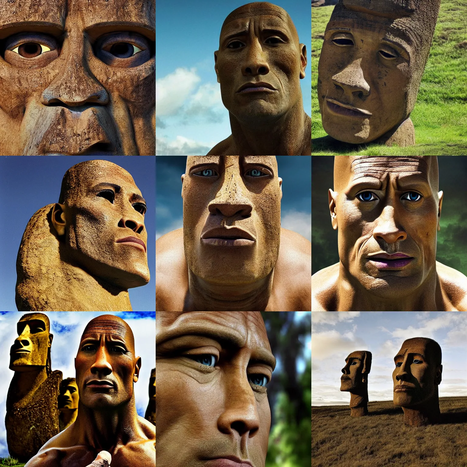 Prompt: dwayne rock johnson from easter island, national geographic photo, realistic, highly detailed