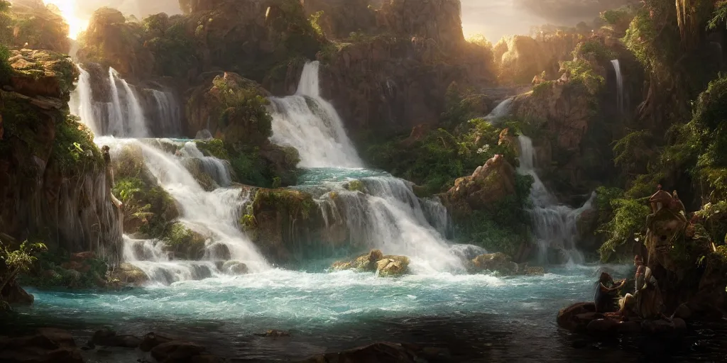 Prompt: creation of the world and heaven with a river of the water of life, clear as crystal, flowing from the throne of god and of the lamb by daniel f. gerhartz and matt stewart and thomas cole, fantasy, photorealistic, octane render, unreal engine, dynamic lighting