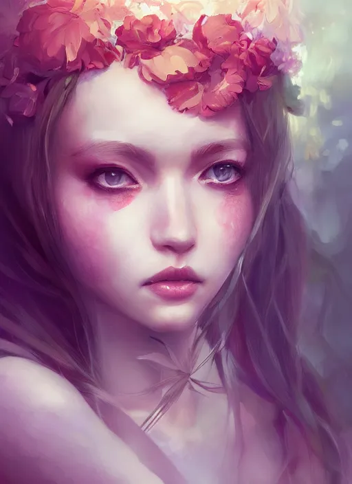 Image similar to a gorgeous flower princess portrait by WLOP, emerald eyes, red hair, digital painting, beautiful lighting, ominous, cgsociety