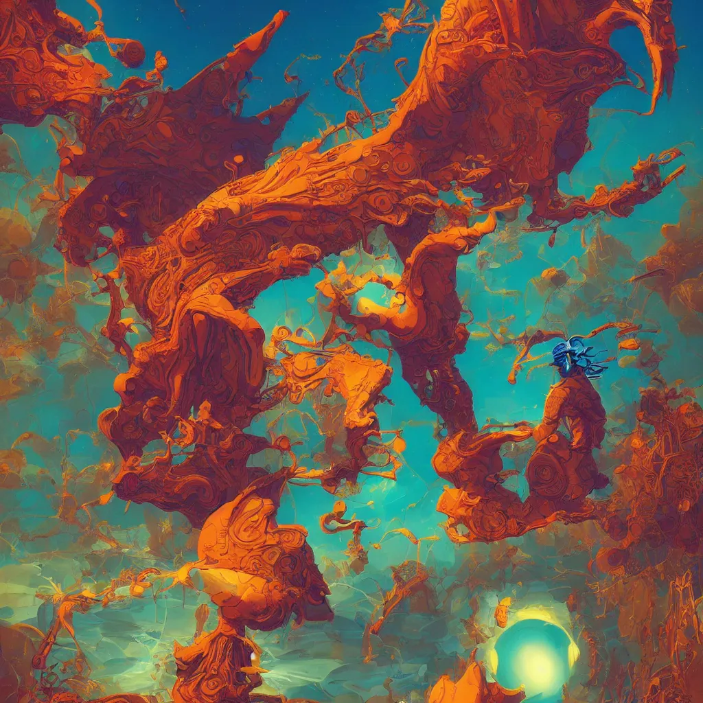 Image similar to colourful breathtakingly weird beautiful powerful magical wonderfully majestic beautifully cool character by michael whelan and moebius and beeple and kilian eng and dan mcpharlin and pascal blanche and jamie hewlett and richard dadd, symmetrical, magical stormy reflections, smoke on water, 8 k artstation