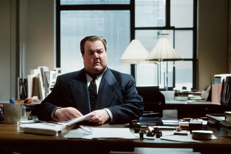 Image similar to cinematic film still from 1994 film: portly clean-shaven white man wearing suit and necktie at his desk. He has his right foot propped up on his desk. XF IQ4, f/1.4, ISO 200, 1/160s, 8K, RAW, dramatic lighting, symmetrical balance, in-frame