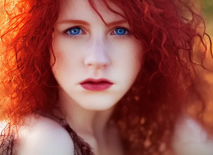 Image similar to award winning 5 5 mm close up face portrait photo of an anesthetic cute redhead with small nose, blood - red wavy hair, intricate eyes, in a park by luis royo