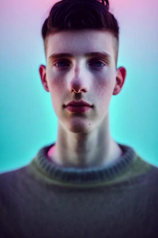 Image similar to high quality pastel coloured film mid angle selfie photograph of a beautiful young 2 0 year old male, soft features, short black hair, standing in an icelandic black rock environment. atmospheric. three point light. photographic. art directed. ( pastel colours ). volumetric light. clearcoat. waves glitch. 8 k. filmic.