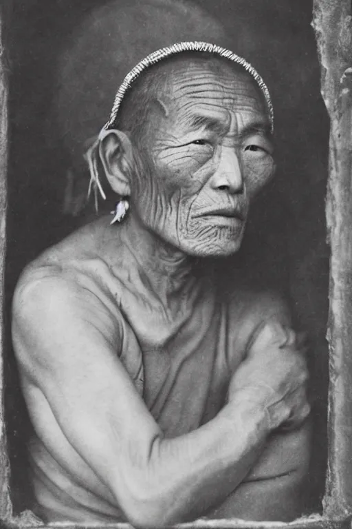 Image similar to ultra realistic vintage photo portrait of a tibetan man with a tunnel in his head, by Irving Penn