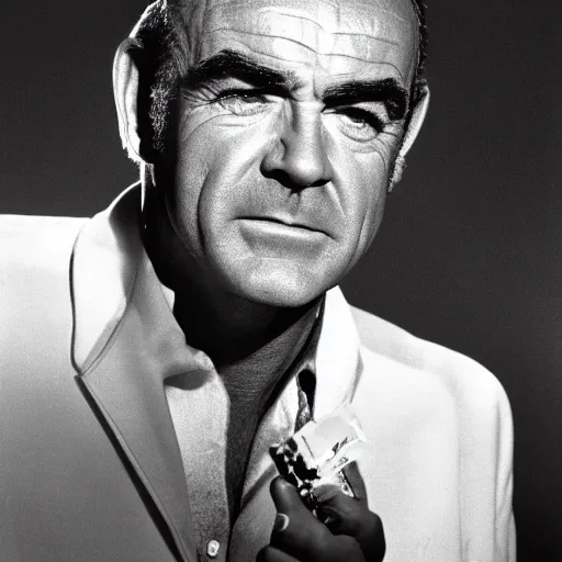 Prompt: Sean Connery using a lighter, 1960s, stylish, Life Magazine, studio lighting, medium shot, bad boy