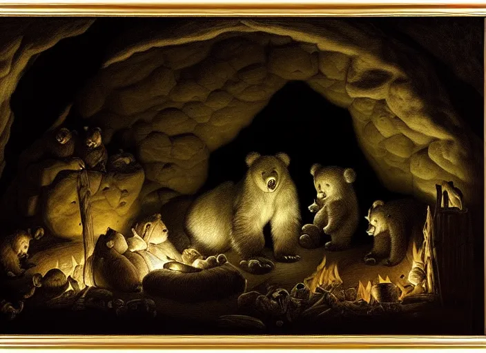 Image similar to Pieter Claesz's 'bear and her cubs sleeping in a dark cave lit by campfire', night time, cross hatching, framed