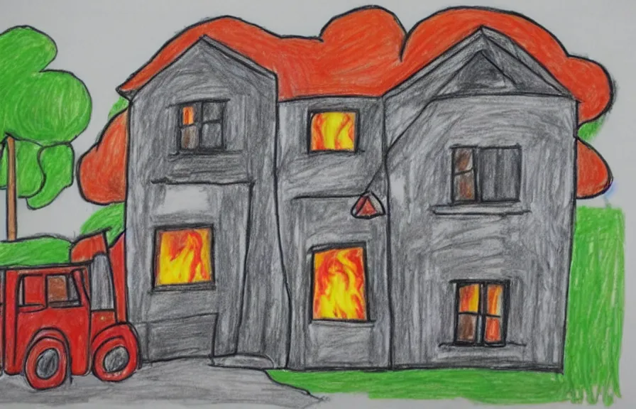 Image similar to house on fire, children drawing