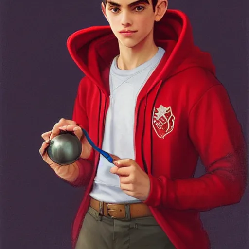 Prompt: a preppy magic student boy wearing a red hoodie, holding a bell, d & d, fantasy, intricate, cinematic lighting, highly detailed, digital painting, artstation, concept art, smooth, sharp focus, illustration, art by artgerm and greg rutkowski and alphonse mucha