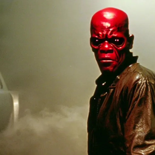 Image similar to Samuel L. Jackson plays Terminator, scary, red eye glowing, skeleton, scene from the film