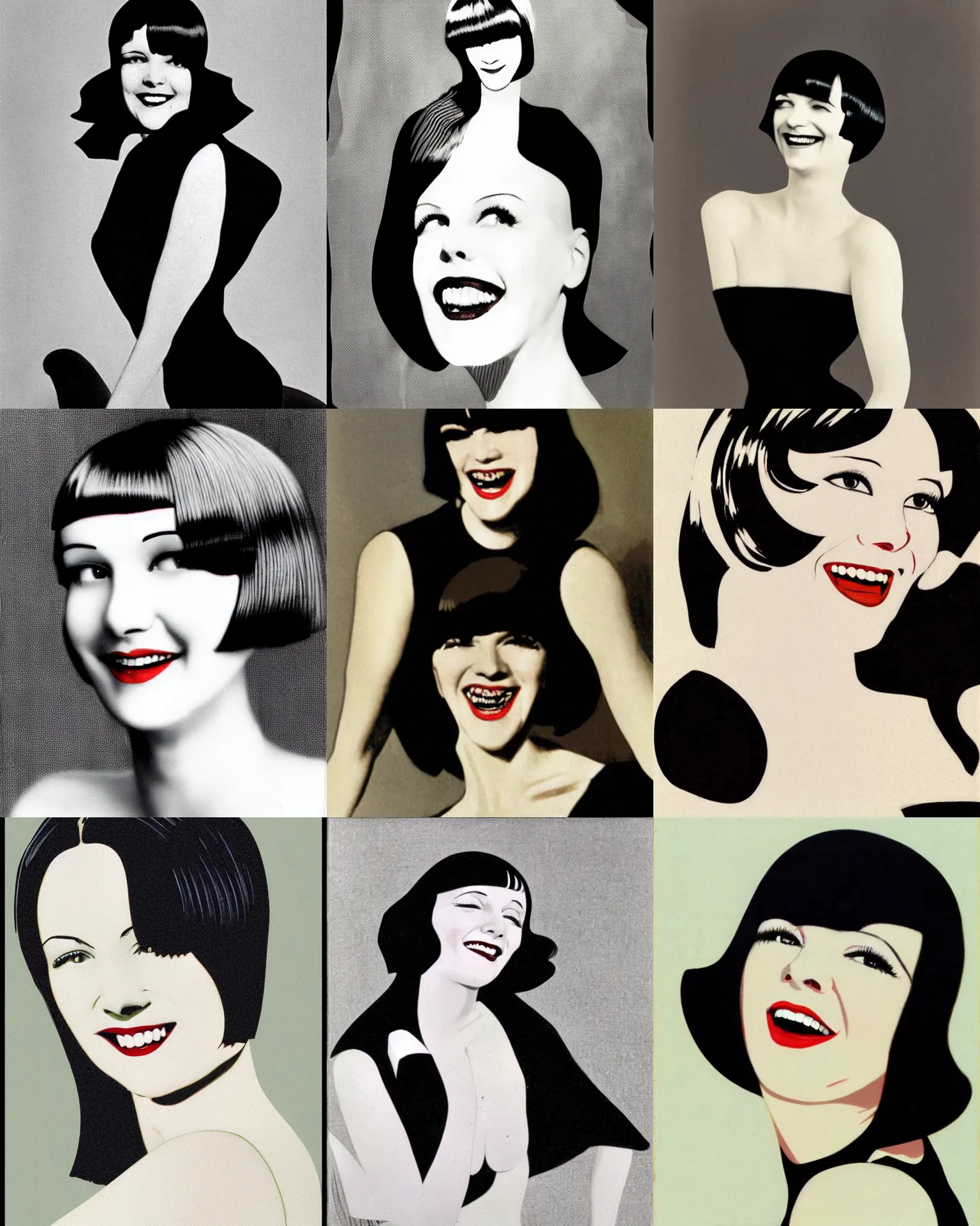 Prompt: Mary Louise Brooks 25 years old, bob haircut, laughing, portrait by Patrick Nagel, 1920s,