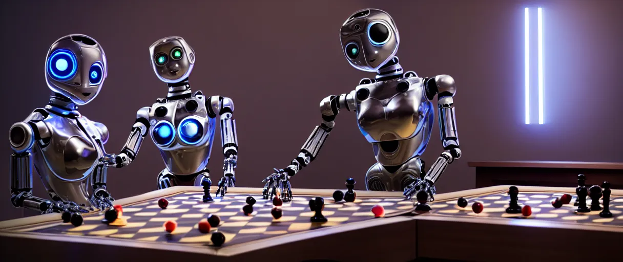 Image similar to a gorgeous highly detailed photo of two futuristic full - body humanoid robots with glowing led eyes sit on large midcentury recliners facing off in an intense game of checkers. cinematic movie photograph, cinematic lighting, arri alexa, extremely detailed, smooth, very very clean, 8 k, octane render, maya render, unreal engine, trending on artstation, dslr