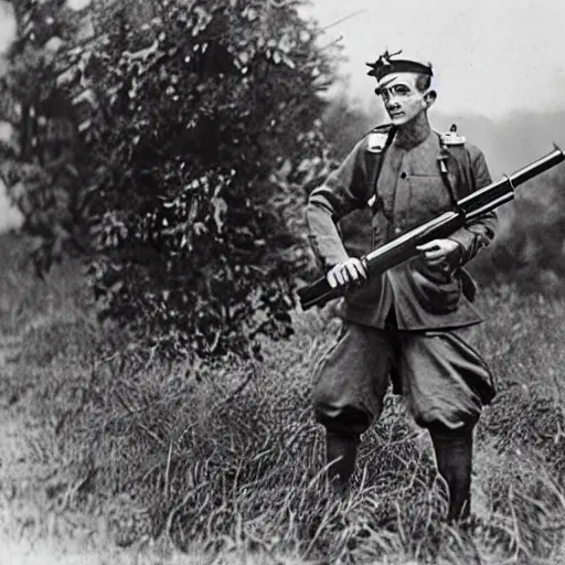 Image similar to old wartime photograph of crash bandicoot the video game character holding a lewis gun, 1 9 1 7