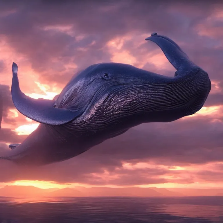 Image similar to vfx shot by weta digital and industrial light and magic ilm, a stunning beautiful blue whale made out of shiny reflective dripping liqud chrome flying in the sky through fluffy giant sunset clouds, octane render, cinema 4 d, ray traced lighting, very short depth of field, bokeh