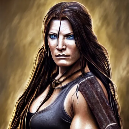 Image similar to Floor Jansen as Lara Croft highly detailed headshot Portrait.