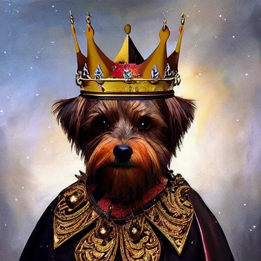 Image similar to “an oil painting portrait of a Yorky dog wearing medieval royal robe and an ornate crown on a dark nebula background” digital Art, concept Art, highly detailed, 3-D 4K, trending on art station, Award winning, Mark Brooks,