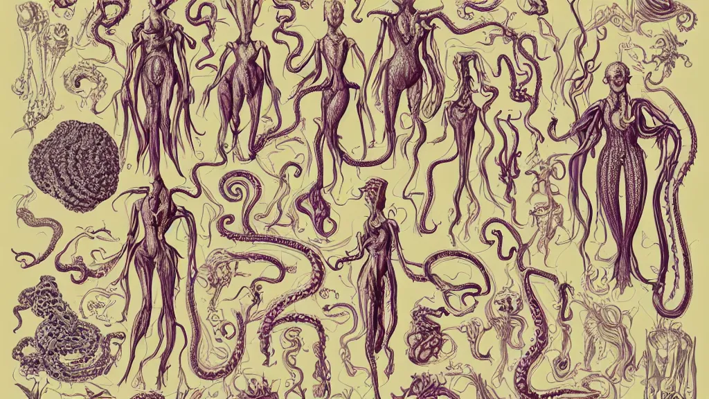 Image similar to vector, highly detailed colorful character sheet for a stocky alien extraterrestrial victorian female servant maid with thick snake - like tentacles instead of hair, long dress with apron, ernst haeckel, jim henson creature shop, coherent, illustration, digital art, trending on artstation, hd, 8 k, good lighting, beautiful, rough paper, masterpiece