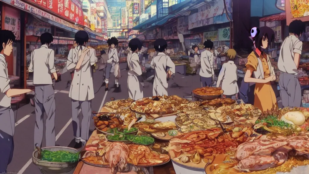 Image similar to a rabbit being cooked in a street market, anime film still from the an anime directed by Katsuhiro Otomo with art direction by Salvador Dalí, wide lens