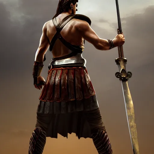 Prompt: Ancient greek warrior, holding a sword, epic, dramatic pose, cinematic, trending on artstation, award winning, 4k, photorealistic, high details, by delacroix