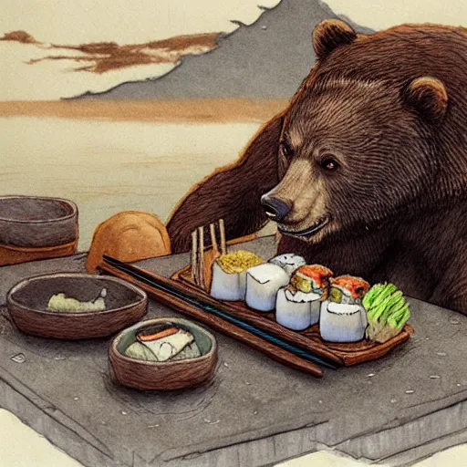 Prompt: bear eating sushi with chopsticks, a detailed matte painting by anton pieck, deviantart contest winner, fantasy art, concept art, official art, matte drawing