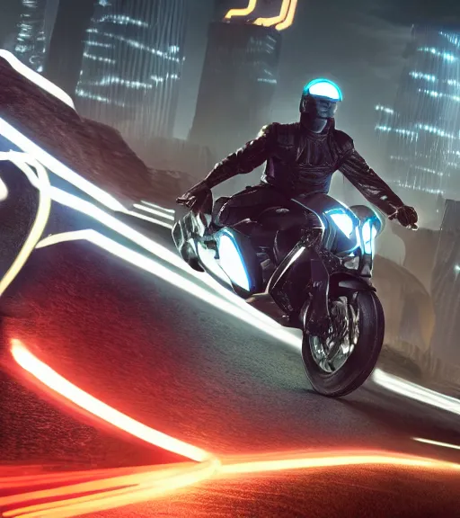 Prompt: mamimi riding a motorcycle in the race to the ancient and majestic tower of babylon destroyed, tron legacy, hyper realistic, ambient lighting, concept art, intricate, hyper detailed, tarkovsky greatest scene, smooth, dynamic volumetric lighting, octane, raytrace, cinematic, high quality, high resolution, 4 k, cgsociety, rutkowski, gurney