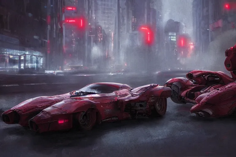 Prompt: concept art of vehicles from the movie akira inspired by liam wong, high octane render, trending on cgsociety, displacement mapped