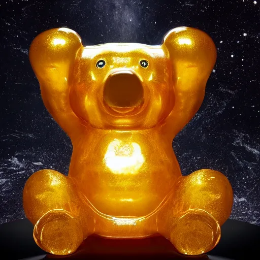 Prompt: a stunning image of a giant gummy bear on a golden pedestal, many people worshipping, dark cave like surrounding.