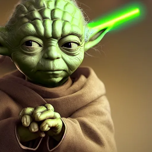 Image similar to young yoda with his lightsaber, au naturel, hyper detailed, digital art, trending in artstation, cinematic lighting, studio quality, smooth render, unreal engine 5 rendered, octane rendered, art style by klimt and nixeu and ian sprigger and wlop and krenz cushart