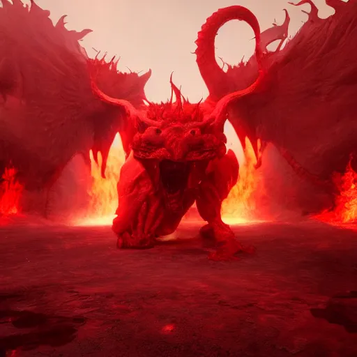 Image similar to a huge red demon in the hell. digitalart. artstation. unreal 5. unreal engine. award winning. high detail. hyper realistic. highly detailed.