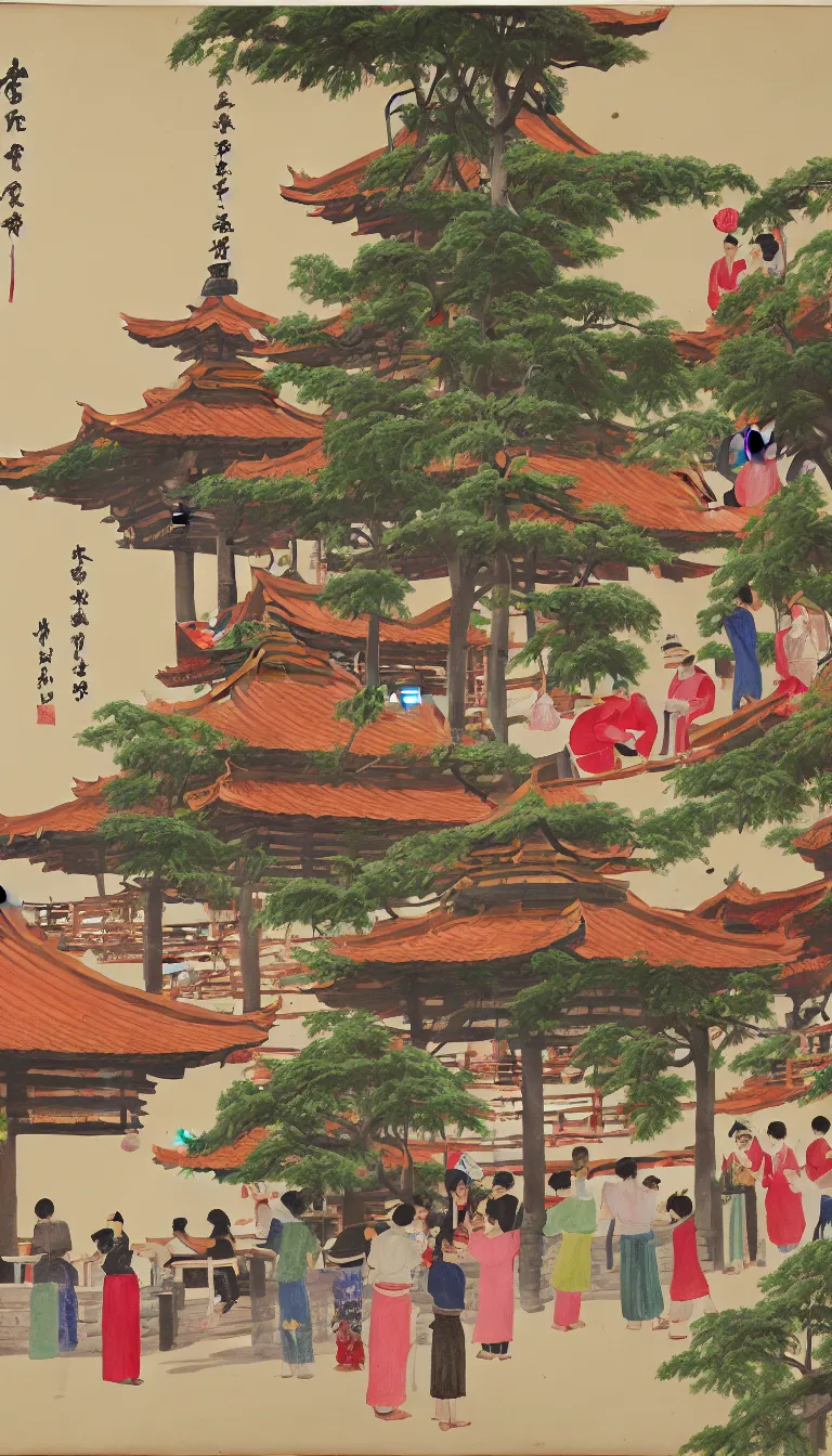 Image similar to painting of a pagoda, people drinking tea and paper lanterns