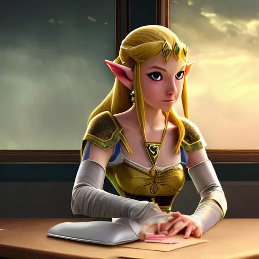 Prompt: Princess Zelda, sitting at a desk programming on a computer, close-up shot, elegant, realistic character concept, high fantasy, light atmosphere, golden ratio, cinematic lighting, hyperdetailed, high resolution, insanely detailed and intricate, artstation, Marc Simonetti, Greg Rutkowski, octane render, 8k