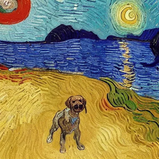 Image similar to a painting of a puppy walking on the mediterranean sea shouting help by van gogh