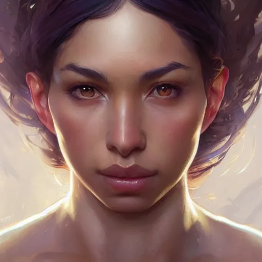 Image similar to beautiful, strong, mixed race, female face, fantasy, highly detailed, digital painting, artstation, concept art, smooth, sharp focus, illustration, art by artgerm and greg rutkowski and alphonse mucha