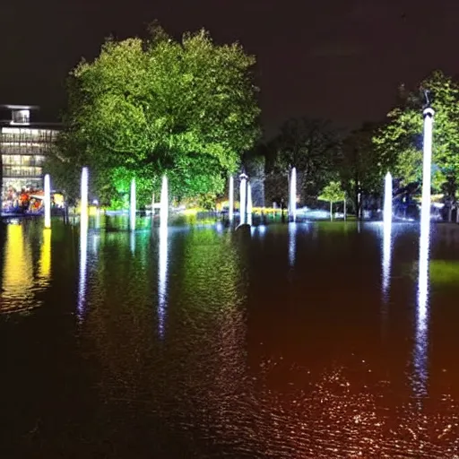 Prompt: park drowned in water with lots of lights at night