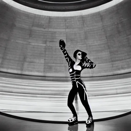 Prompt: Katy Perry rollerblading in the Guggenheim rotunda, by H.R. Giger