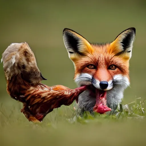 Prompt: fox with a dead chicken in its mouth, nature photography