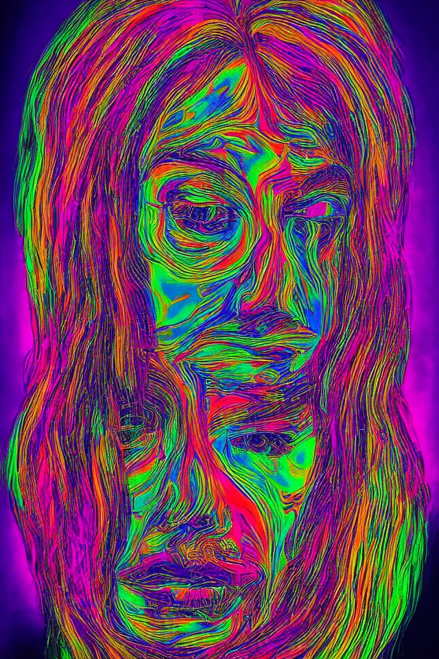 Image similar to hollow face portrait, stunning psychedelic background