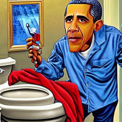 Image similar to obama the plumber, fixing a toilet, in the style of dave macdowell
