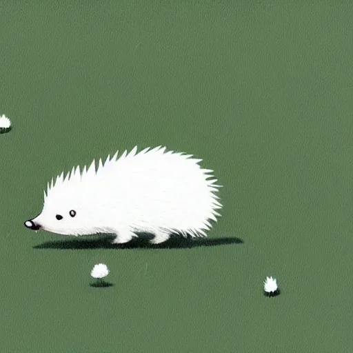 Image similar to A cute mini white hedgehog walking calmly through the field, ilustration art by Goro Fujita