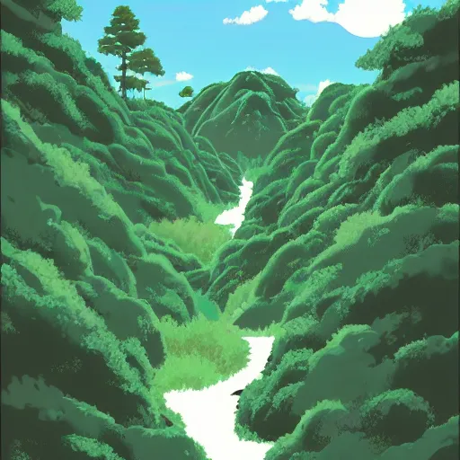 Image similar to a beautiful landscape shot of mountains and forest by Studio Ghibli, digital art