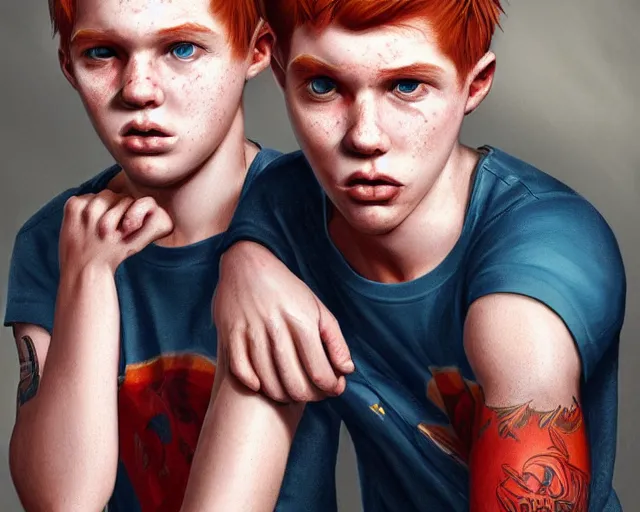 Image similar to portrait stocky of 1 9 - year - old male twins with red hair and freckles, two male, wearing shirts,, hyper realistic face, beautiful eyes, character art, art by mark brooks, hyperdetailed, cryengine, trending on artstation, digital art