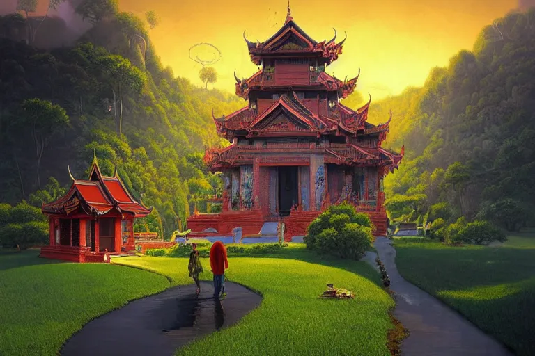 Image similar to summer morning, thai temple, rolling mountain, very coherent and colorful high contrast, art by gediminas pranckevicius, geof darrow, dark shadows, hard lighting