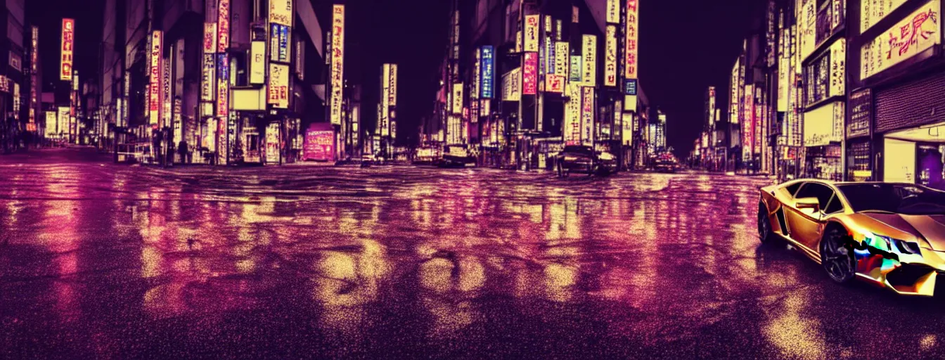 Prompt: gold lamborghini on a dark tokyo street at night with purple neon lights, raining, cinematic, HDR photo