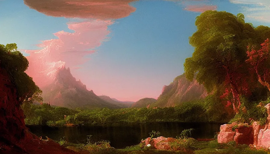 Image similar to pink american landscape, painted by thomas cole