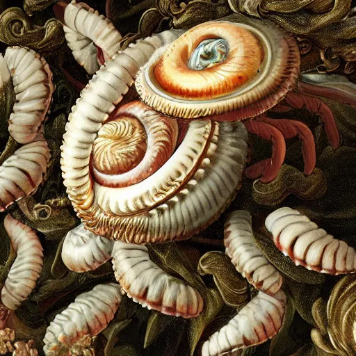 Prompt: one rococo hyperdetailed photorealistic highly detailed hermitcrab in bloom, overgrown by maximalist flemish baroque shells. hd! matte illustration. matte paper background